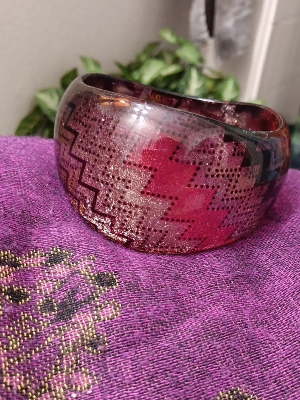 Wide Pink Patterned Resin Bangle Bracelet
